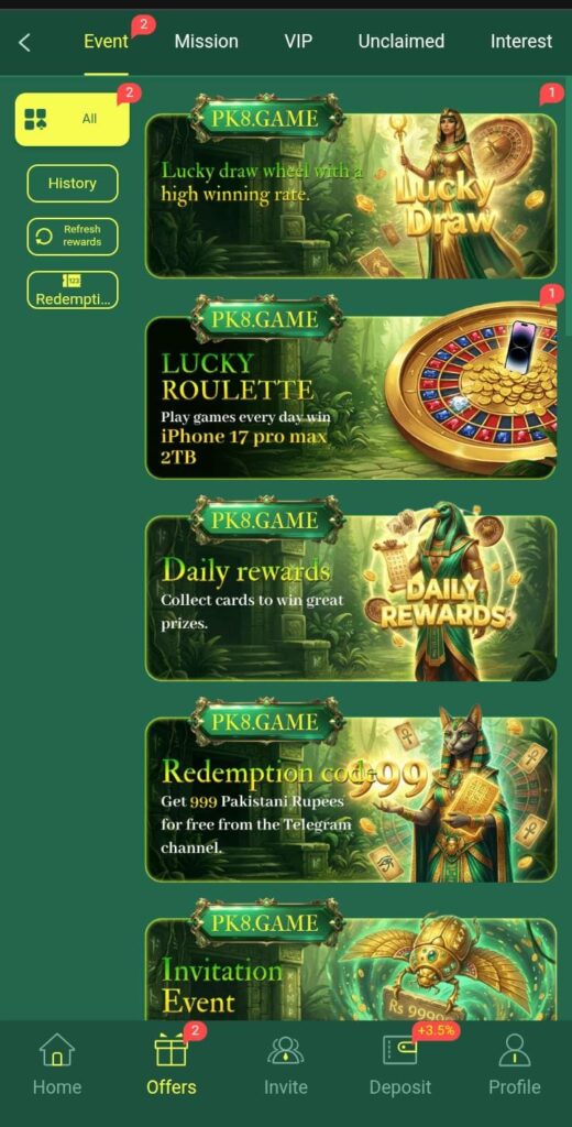 Daily bonuses in PK8 game