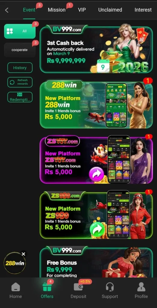 Daily bonuses in bv999 Game