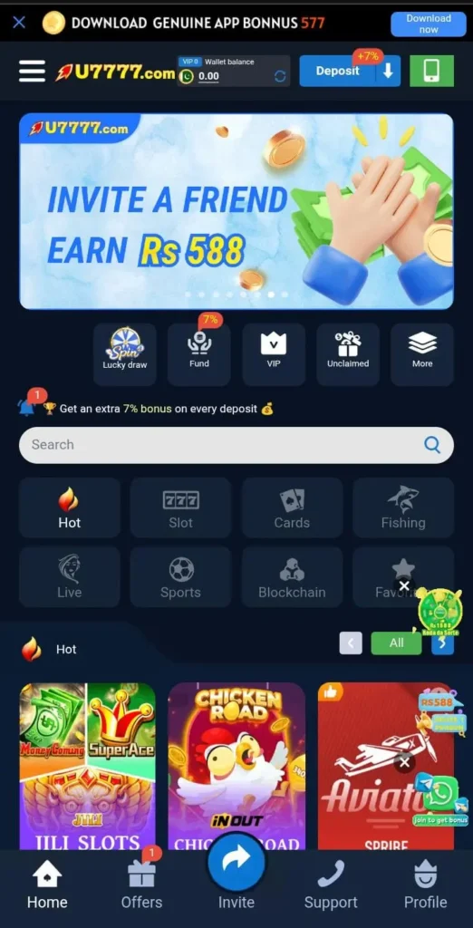 Daily bonuses in U7777 Game.