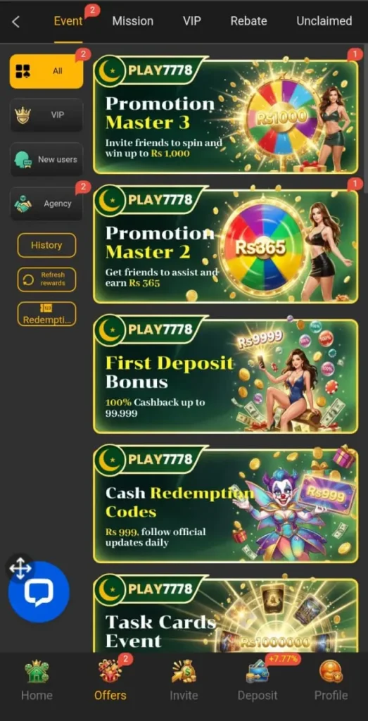 bonuses and rewards in play7778 game.