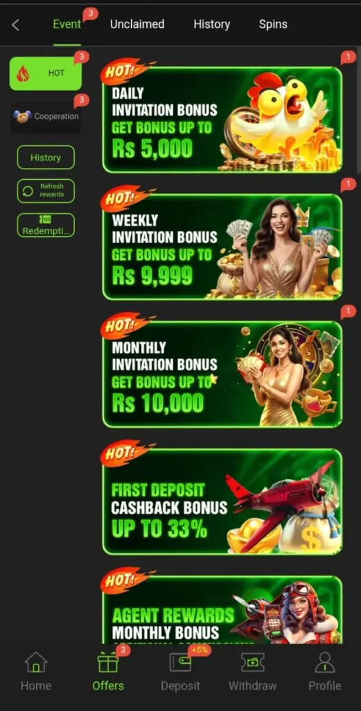 offers and reward system in bet877 game.