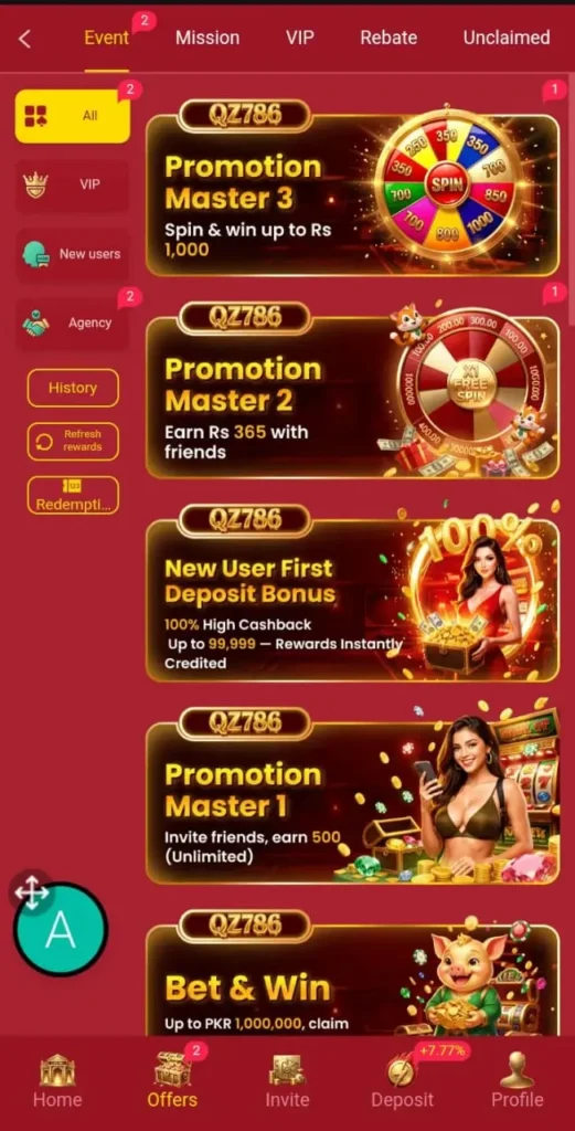 Daily bonuses in QZ786 Game