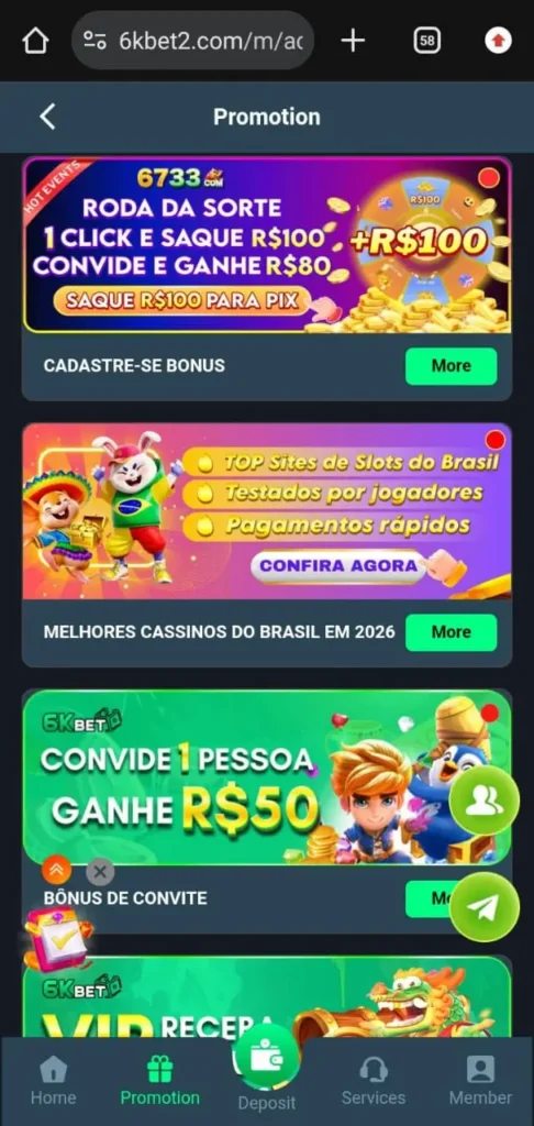 Daily bonuses in 6K bet Game