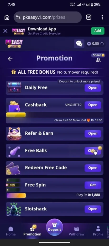 rewards and promotions in PkEasy game.